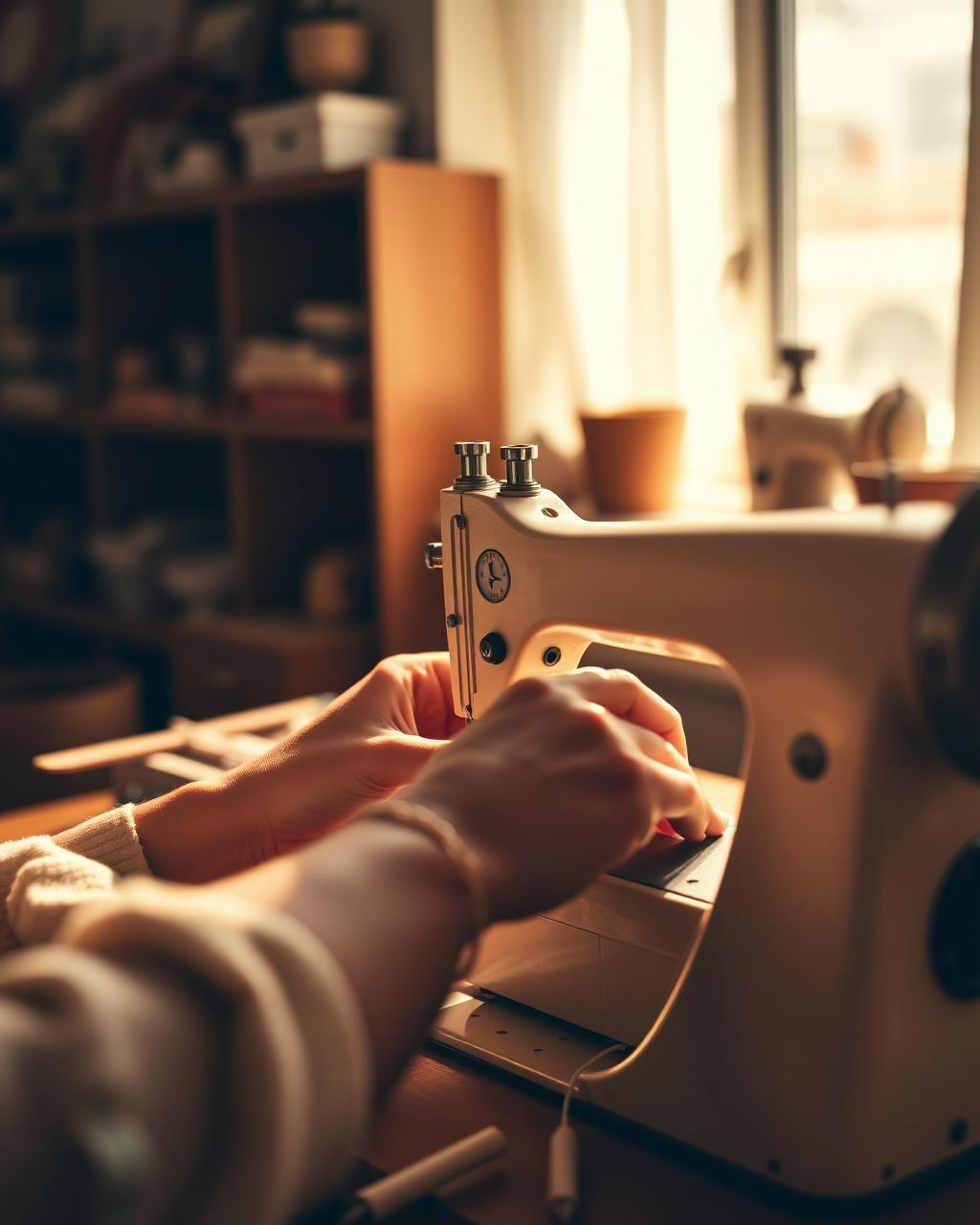Hands guiding fabric through a sewing machine