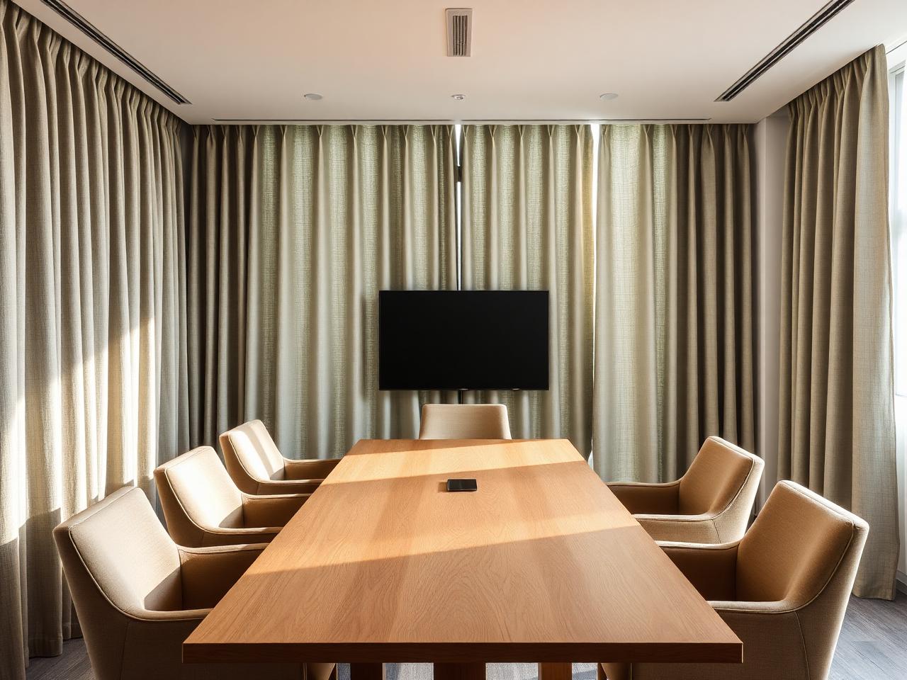 Boardroom with sage linen curtains, oak table and upholstered chairs