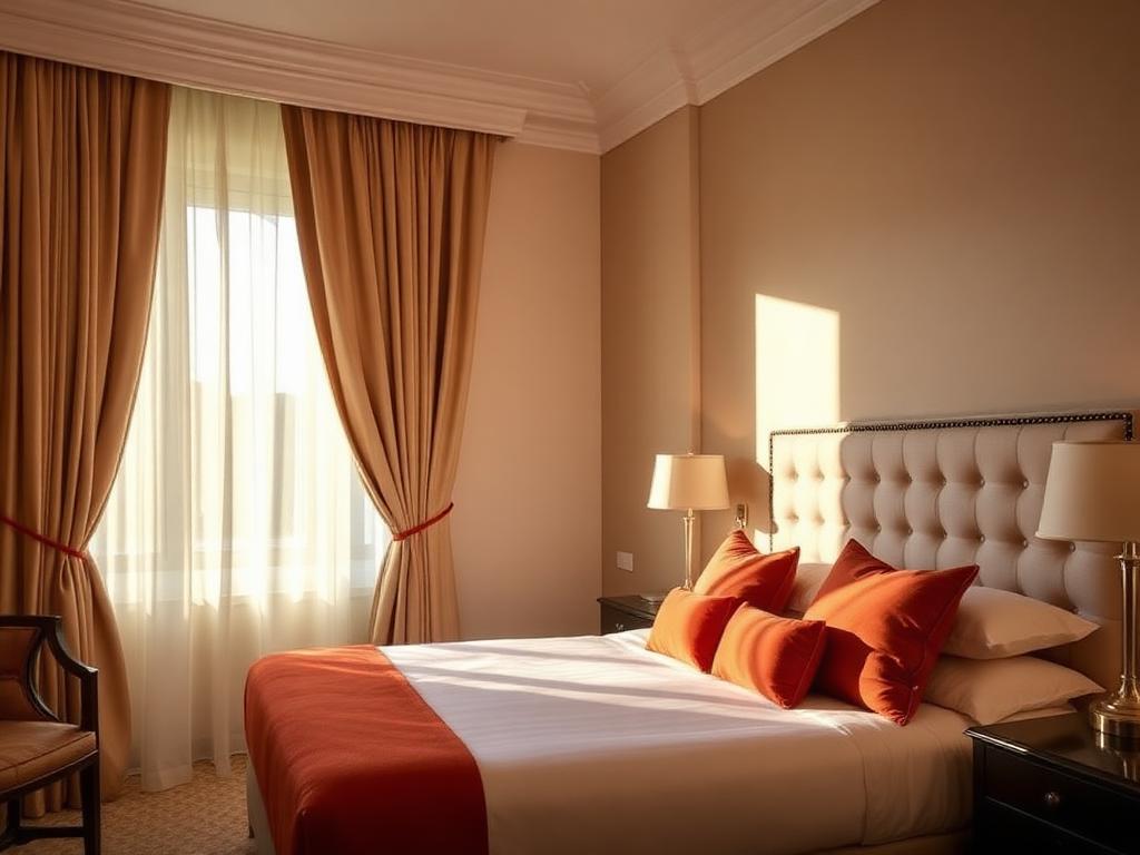 Boutique hotel suite with cream drapery and terracotta cushions