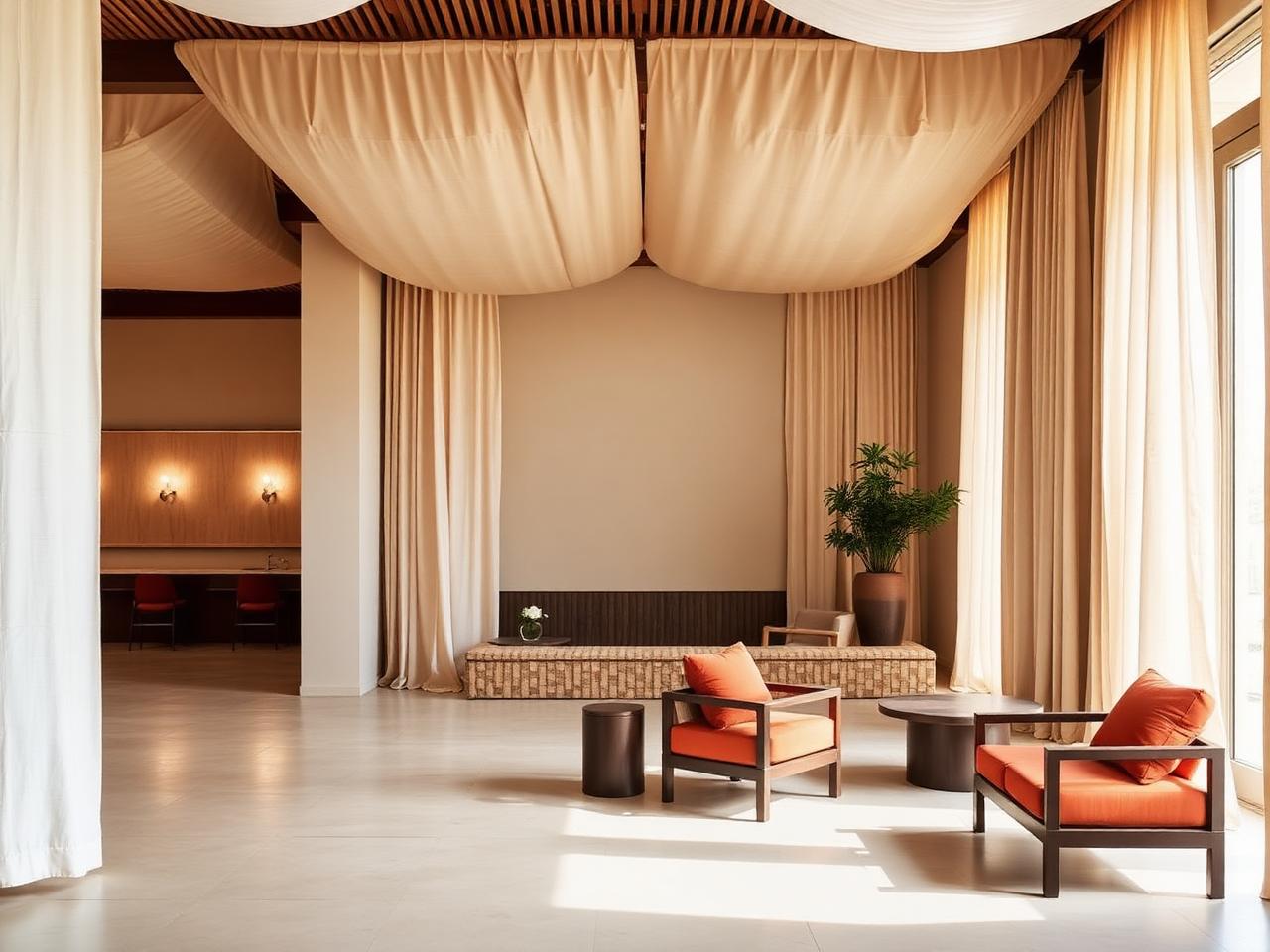 Hotel lobby with draped linen canopy and terracotta lounge chairs