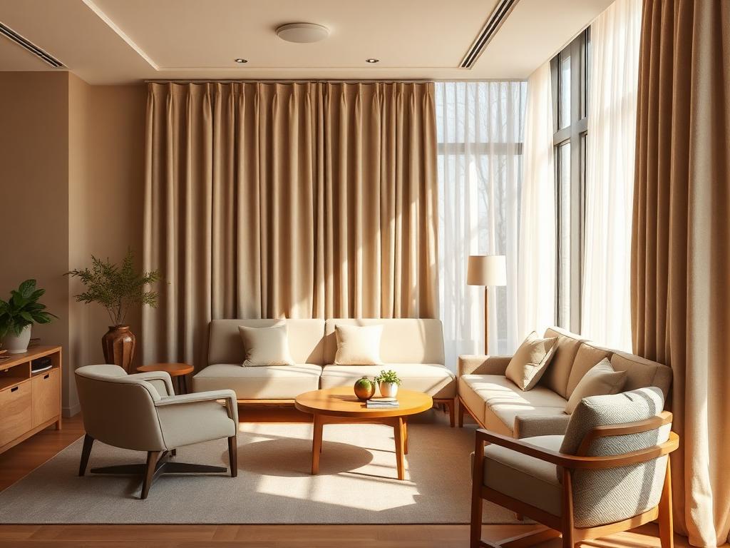 Warm office lounge with linen curtains and upholstered seating