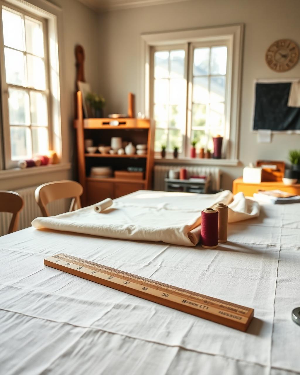 Warmly lit craft studio with linen fabric, spools of thread and a wooden ruler on the cutting table
