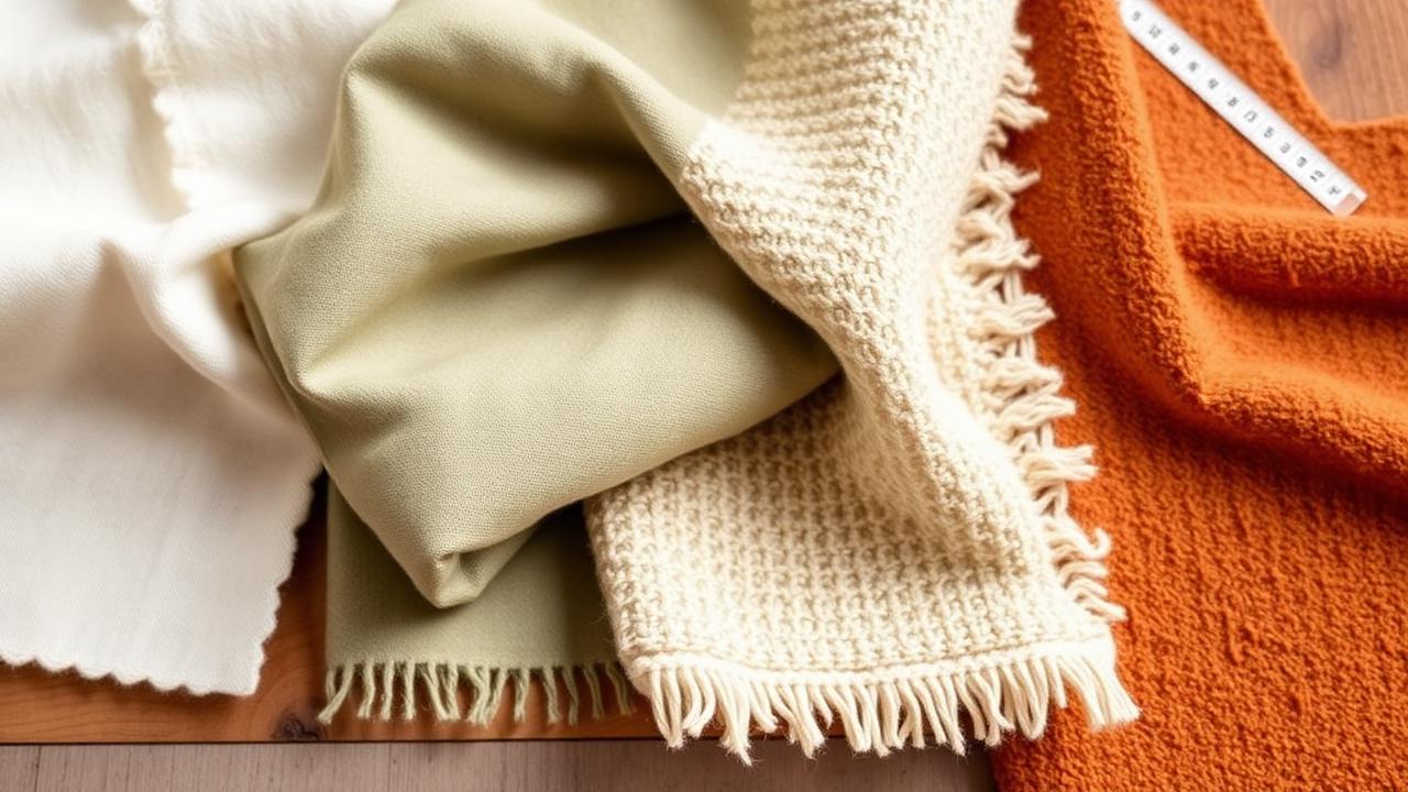 Flat lay of cream linen, sage wool, boucle and terracotta velvet swatches on a wooden table