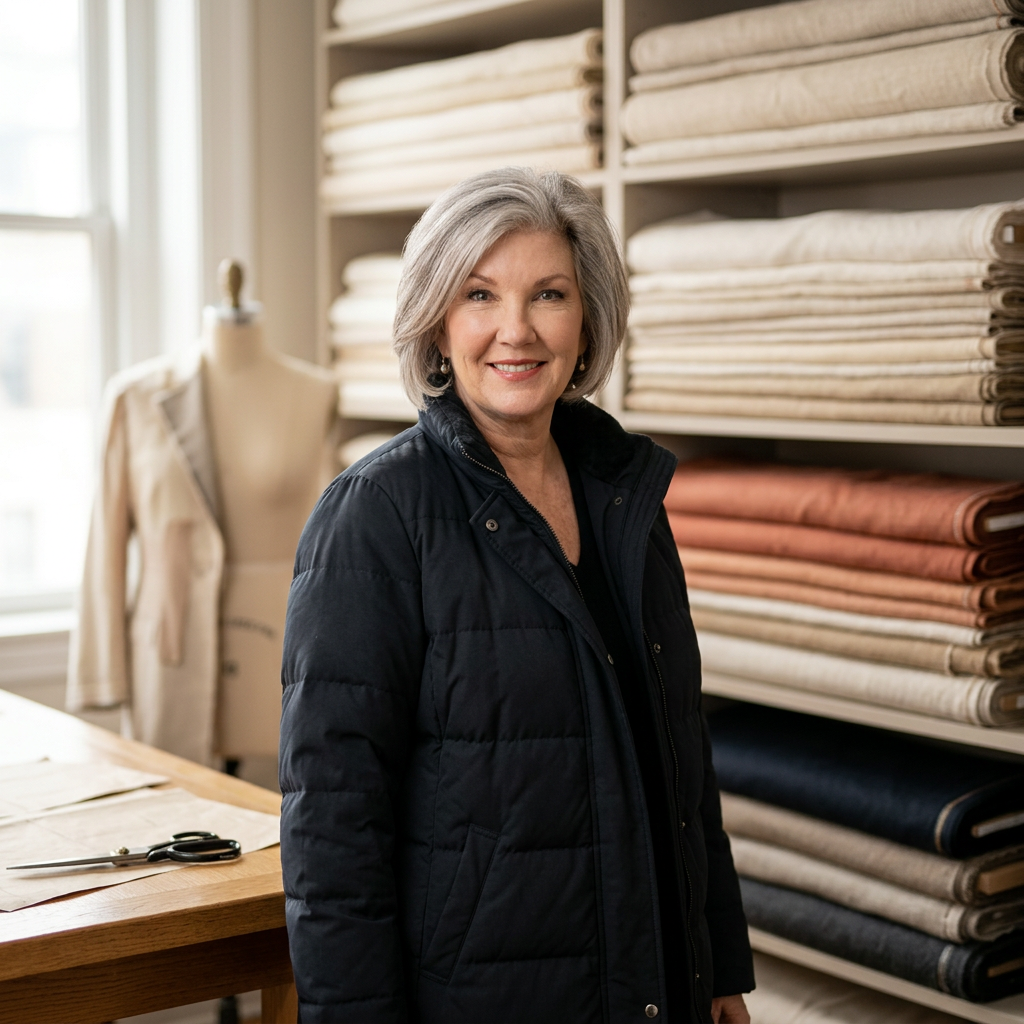 Tammy Parker, founder and CEO, standing beside shelves of linen and wool in the atelier