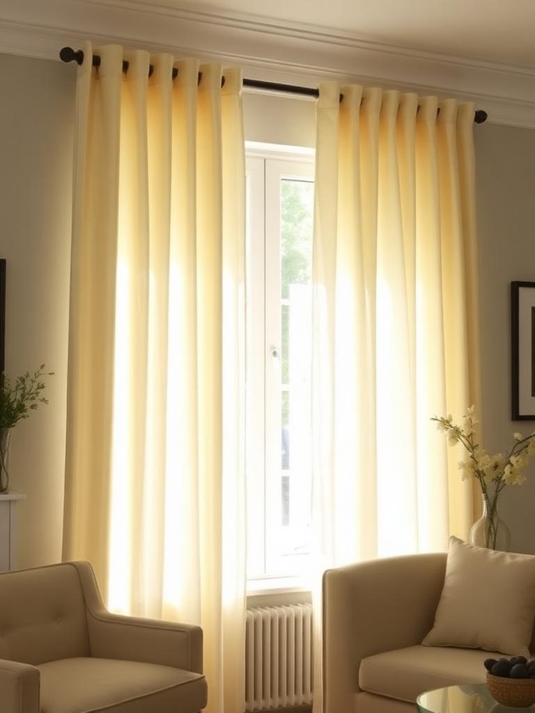 Hand-pleated cream curtains in a sunlit living room