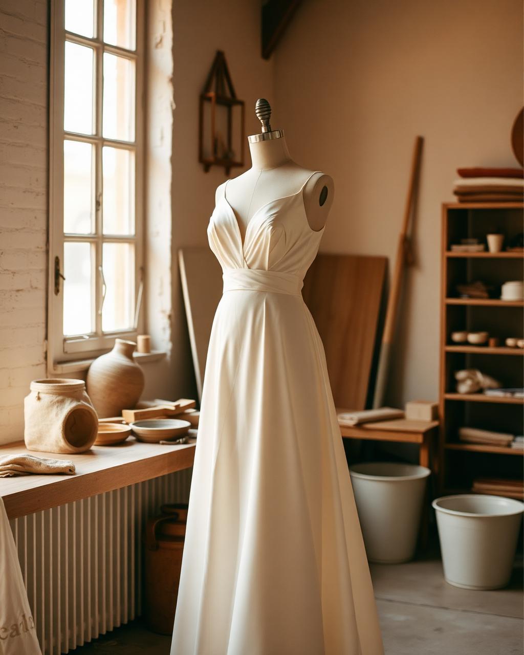 Ivory silk bridal gown on a dress form in a warm atelier