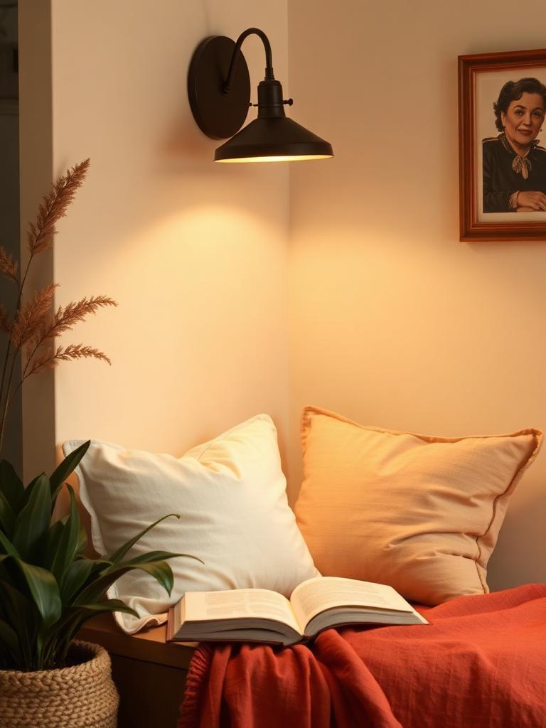 Cozy styled reading nook with warm lamp and cushions