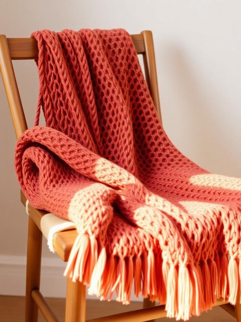 Terracotta knit throw blanket folded on a wooden chair